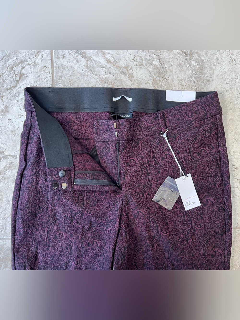 Lane Bryant NWT Allie Maroon Black Paisley Stretch Boot Cut High Rise Pants, 16R - Picture 9 of 9